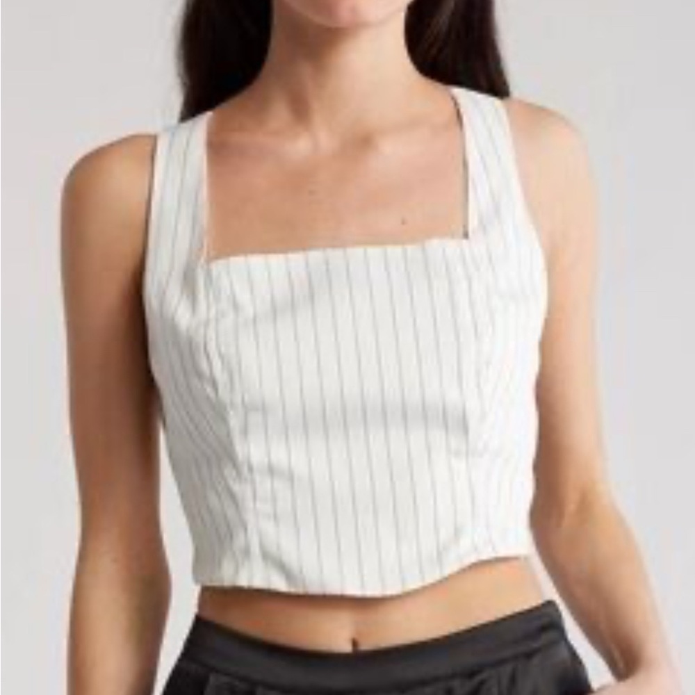 19 Cooper Ivory & Black Pinstripe Crop Too Zipper Back SzL Y2K Preppy Wide Strap